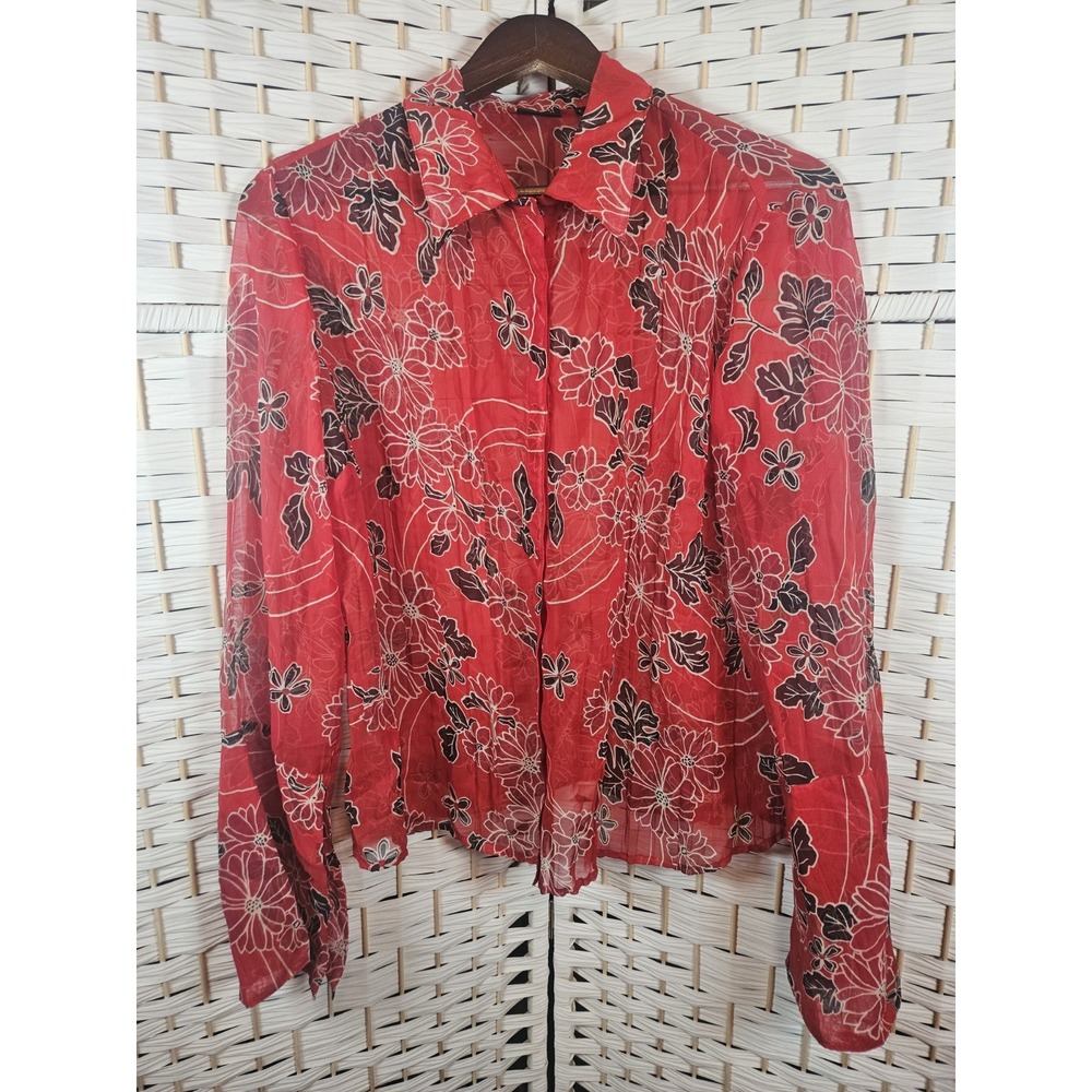 INC Womens Red Floral Sheer Top Sz M Bloomcore Cottagecore